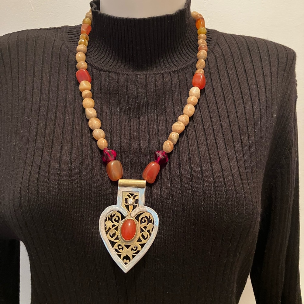 Bohemian Silver&Gold-Tone Heart Pendant Necklace, Natural Stone Beads